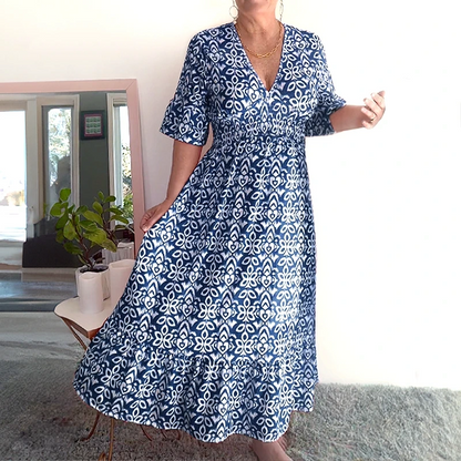 Bohemian casual print V-neck waist wrap long dress