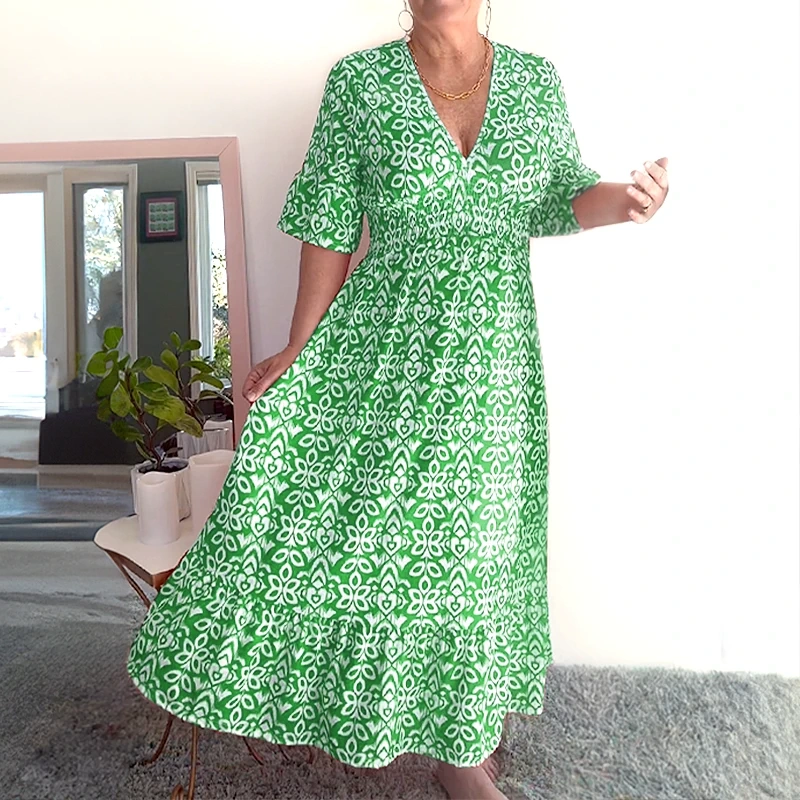 Bohemian casual print V-neck waist wrap long dress