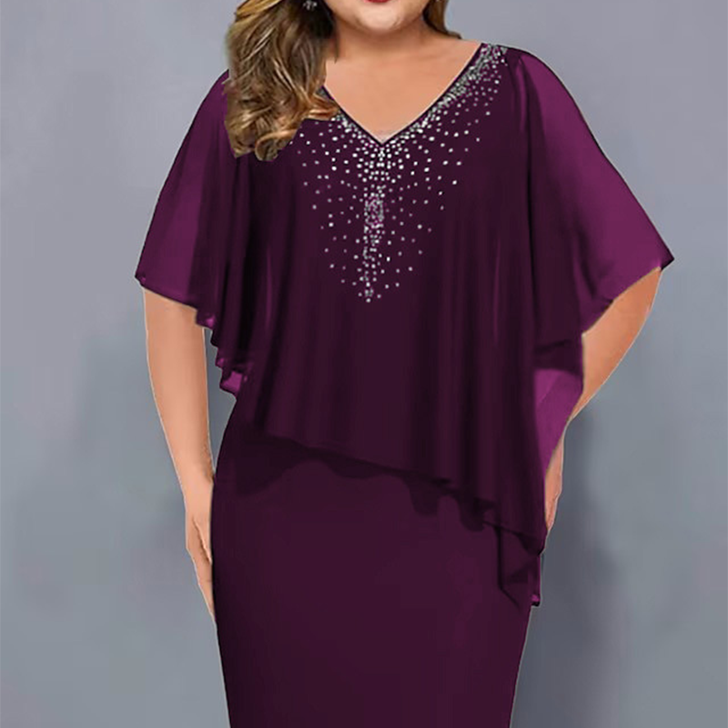 Rhinestone V-Neck Cape Dress with Chiffon Overlay